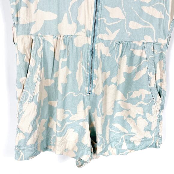 Tanya Taylor Skye Romper Blue Floral Collared Front Zip Linen Blend Sz XS‎ - Picture 7 of 12